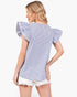 A woman shown from the back wearing a blue and white vertically striped short-sleeve top with puffed flutter sleeves, paired with white frayed denim shorts, against a plain white background.