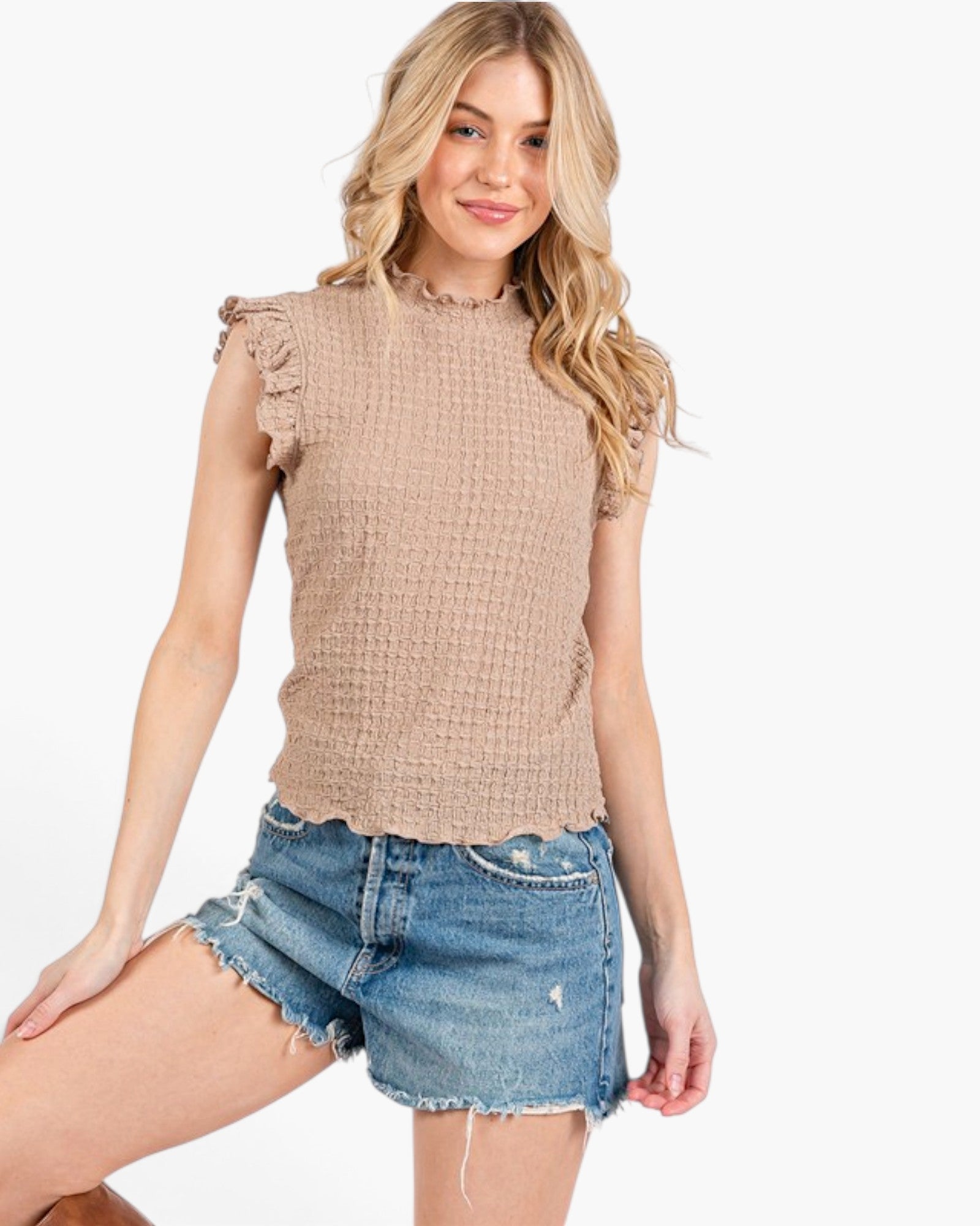 Camel Textured Ruffle Sleeve Top