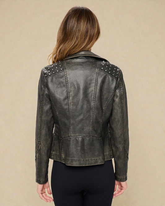 Washed Charcoal Vegan Leather Moto Jacket