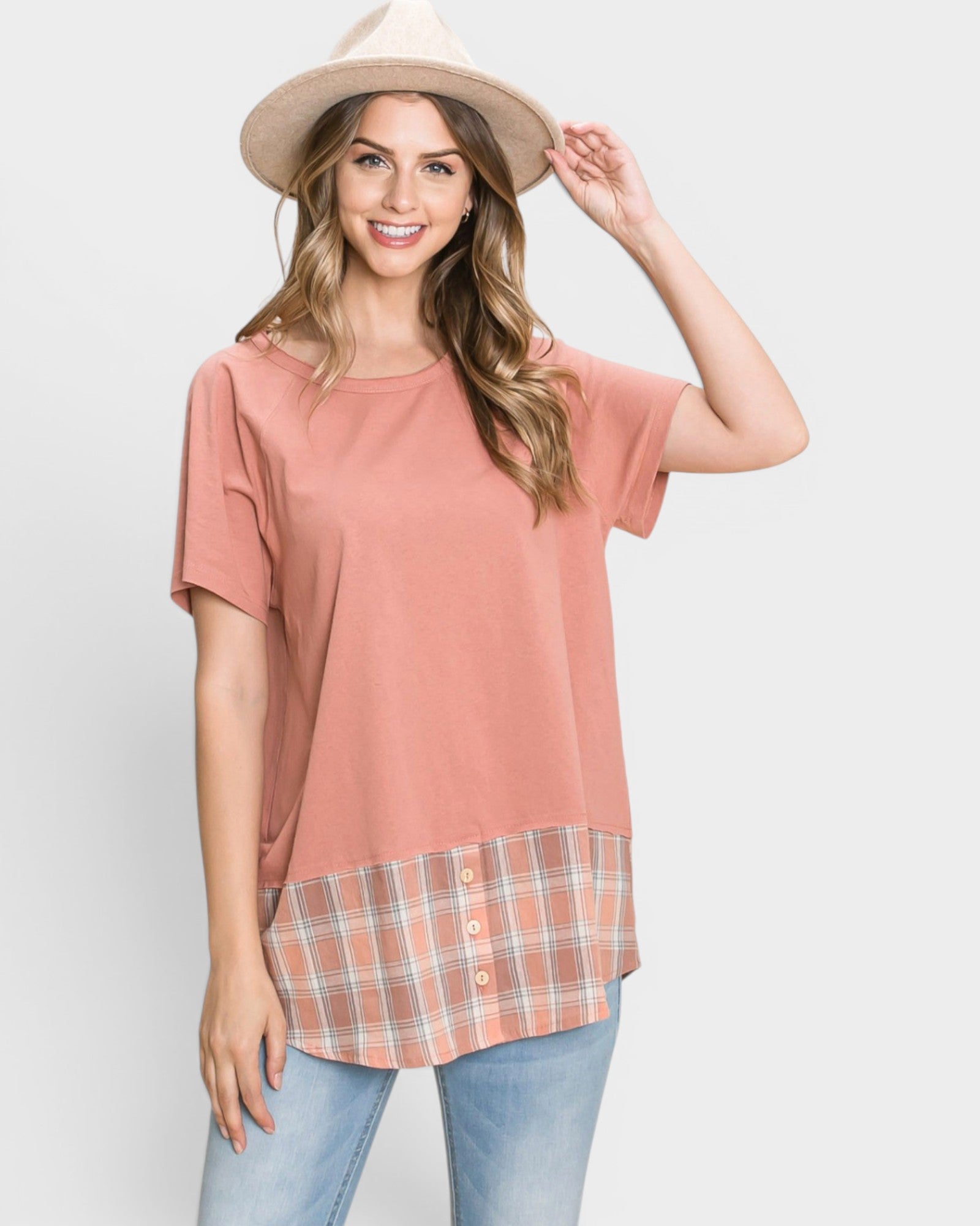 Marsala Plaid Hem Cotton Top