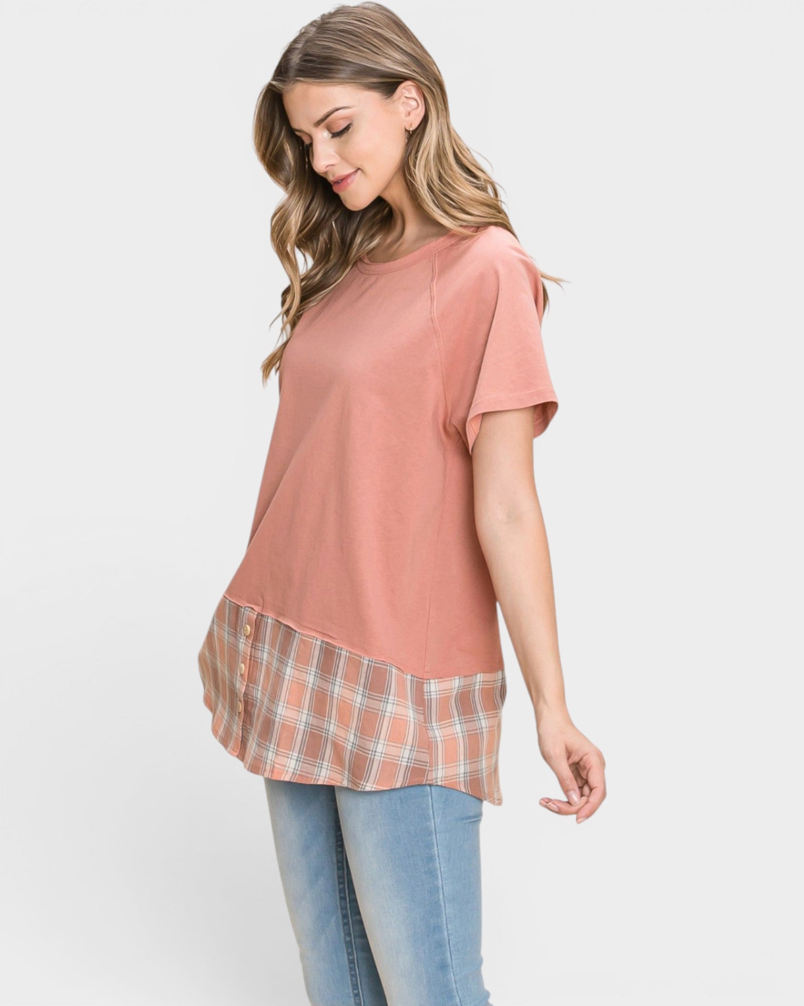 Marsala Plaid Hem Cotton Top