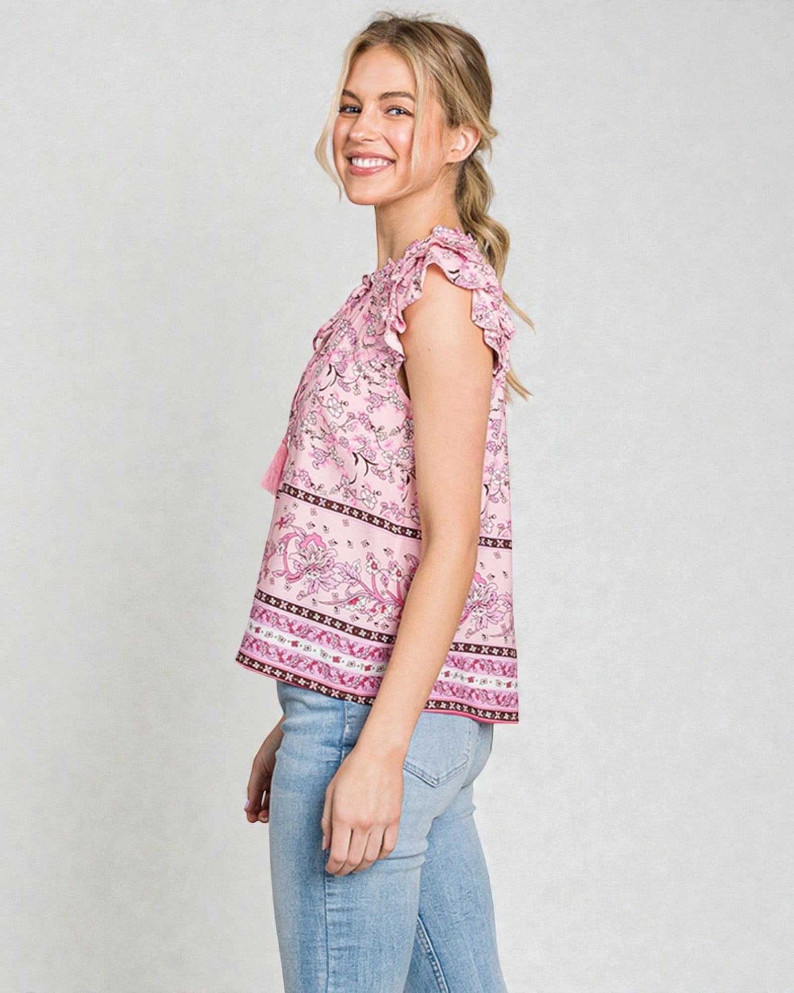 Blush Boho Floral Ruffle Sleeve Blouse
