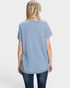 Woman wearing a blue and white striped t-shirt on a white background
