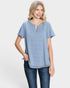 Woman wearing a blue striped shirt and jeans on a white background