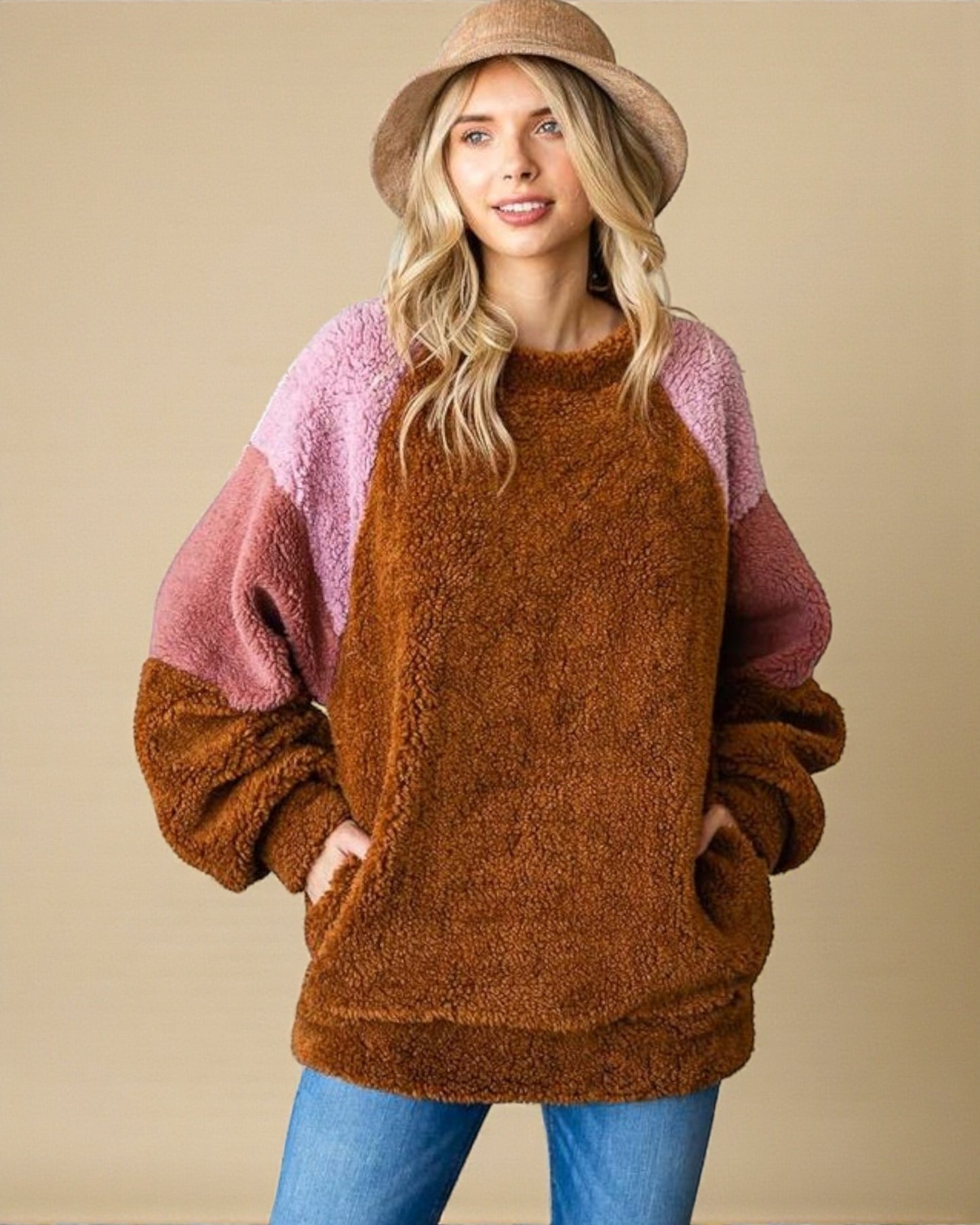 Toffee & Blush Colorblock Sherpa Pullover