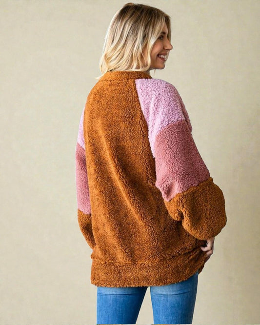 Toffee & Blush Colorblock Sherpa Pullover