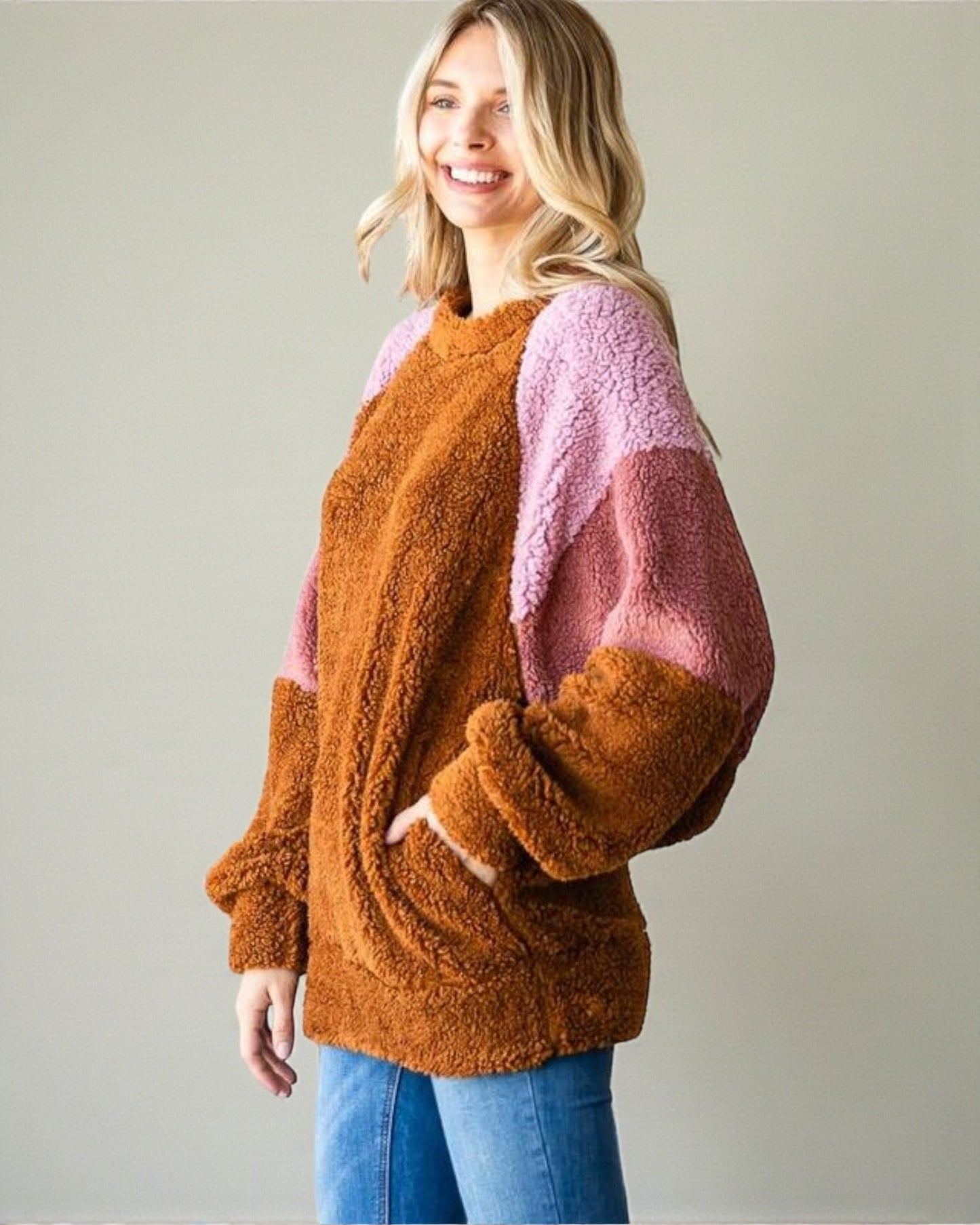 Toffee & Blush Colorblock Sherpa Pullover