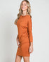 Woman wearing a rust-colored dress on a light gray background