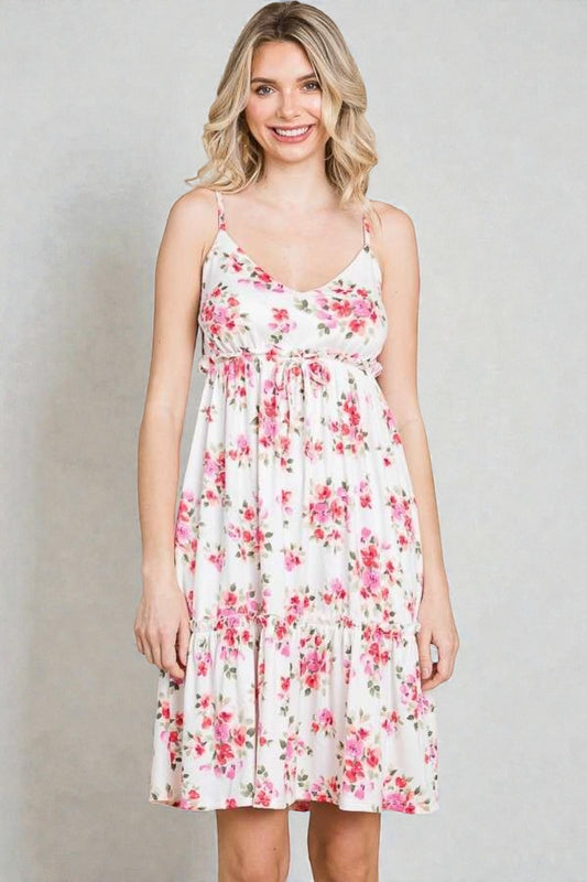 White & Pink Floral Empire Mini Dress