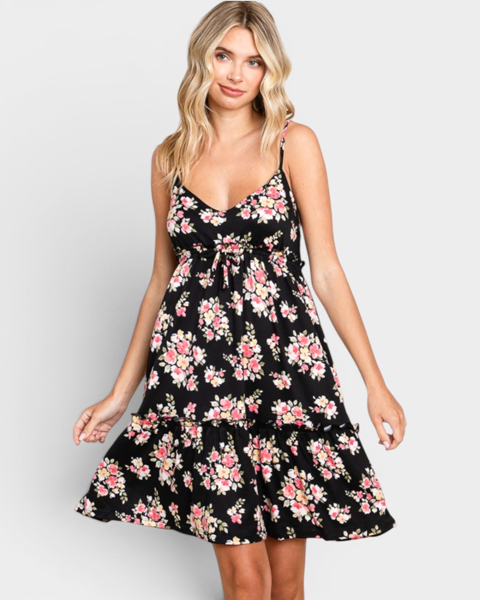 Black Floral Tie Front Mini Dress