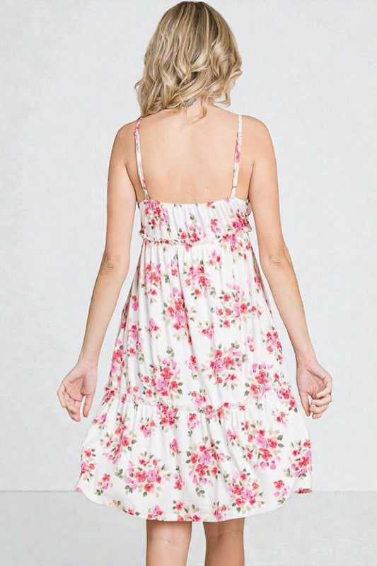 White & Pink Floral Empire Mini Dress