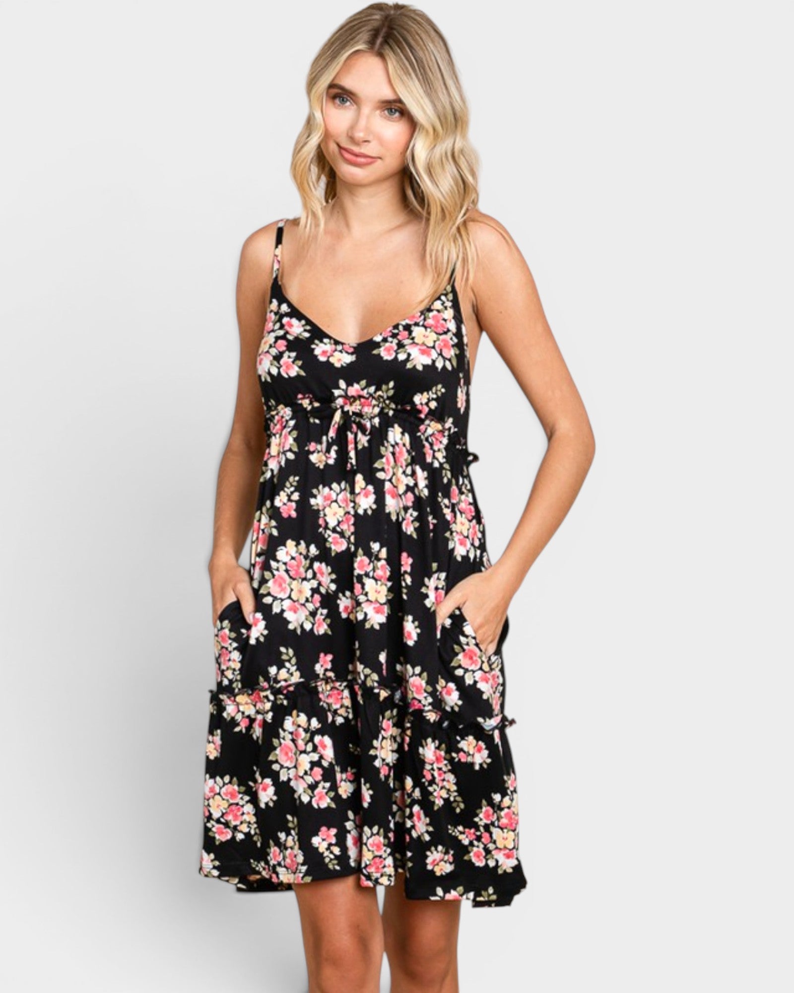 Black Floral Tie Front Mini Dress