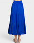 Blue skirt worn by a person on a white background