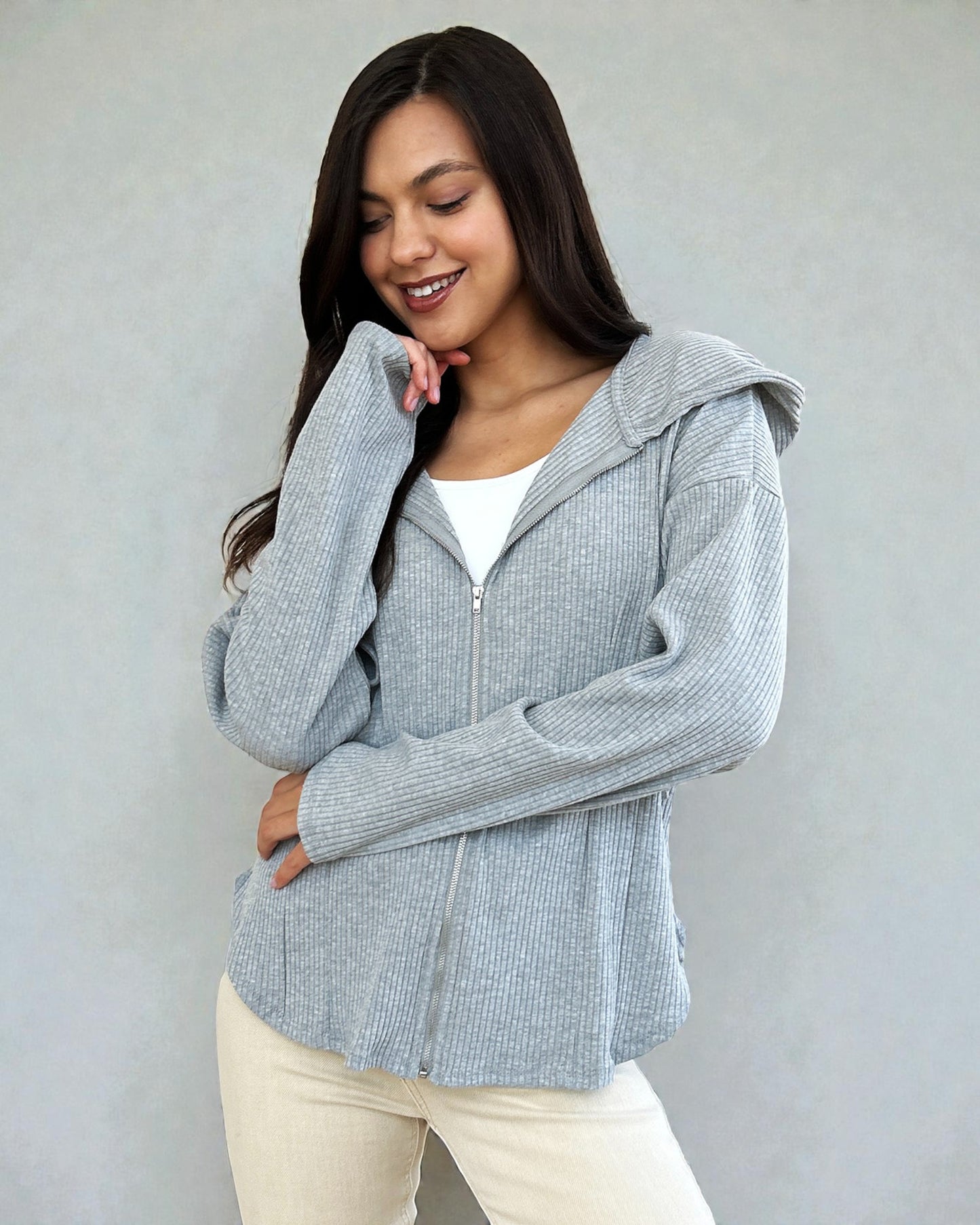 Heather Gray Rib Knit Zip Hoodie