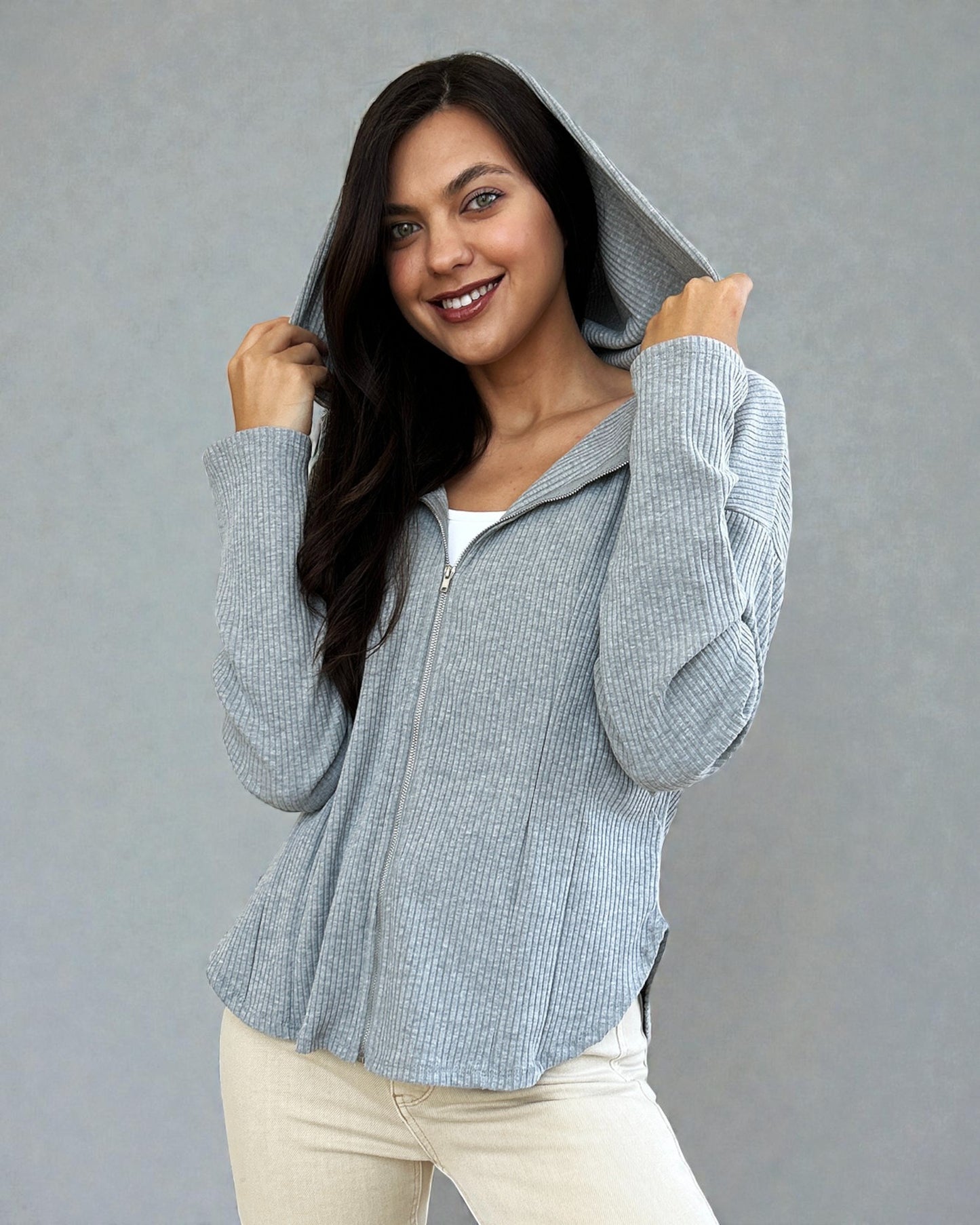 Heather Gray Rib Knit Zip Hoodie