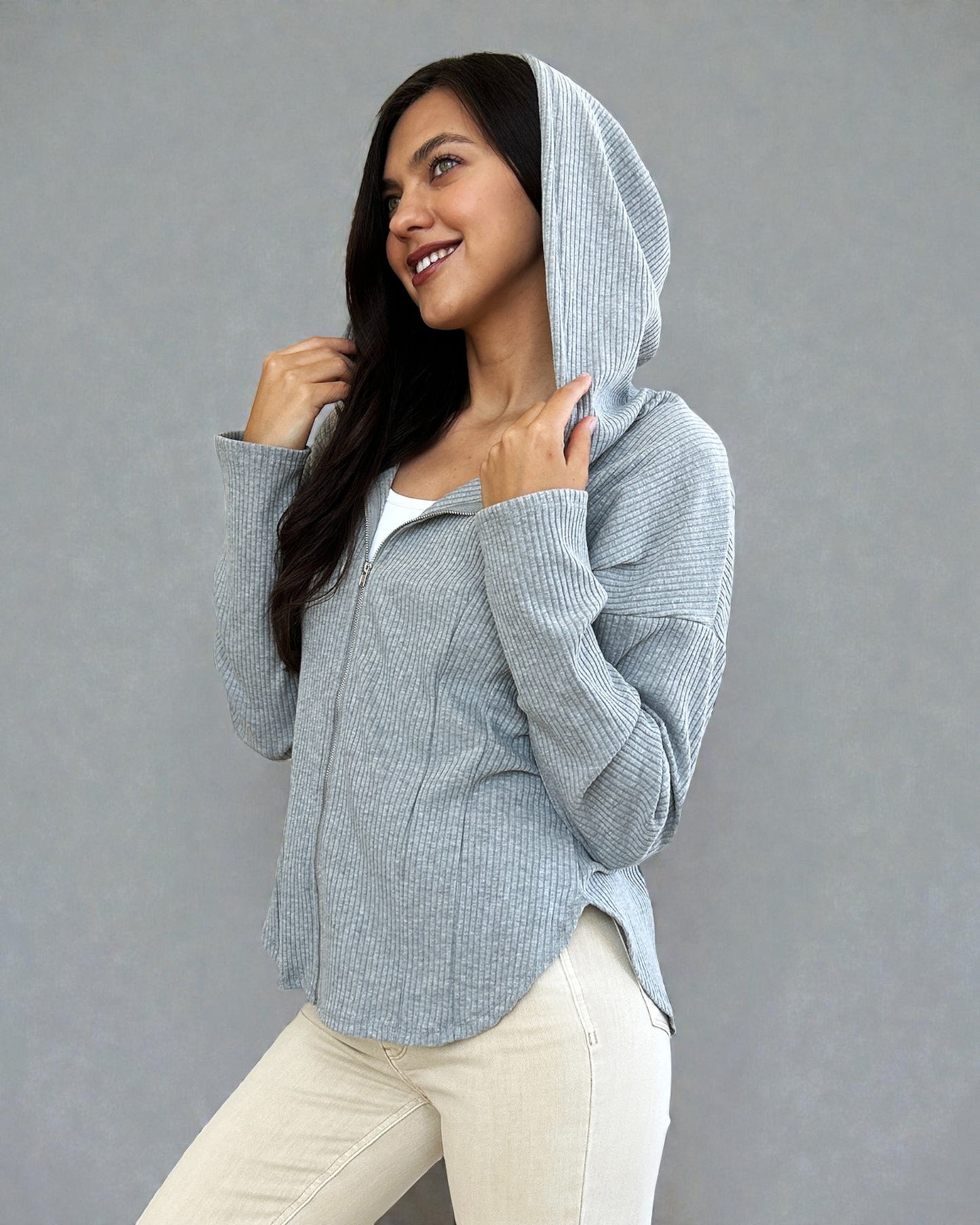 Heather Gray Rib Knit Zip Hoodie