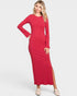 Woman wearing a red long-sleeve dress on a white background