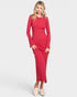 Woman wearing a red dress on a white background