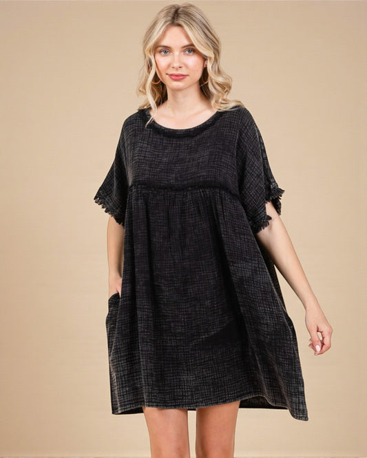 Black Cotton Gauze Mini Dress