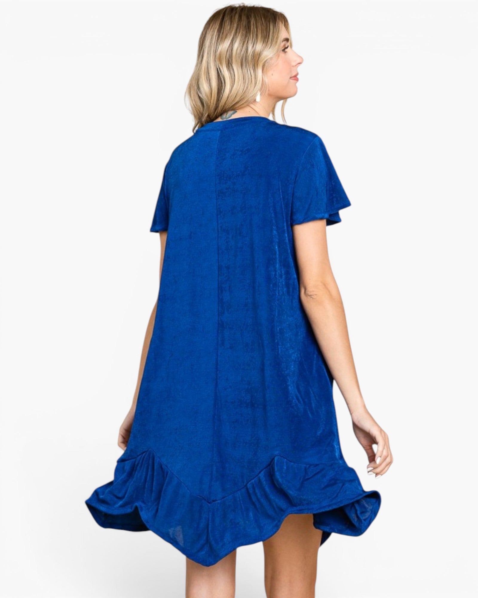 A woman wearing a short-sleeve blue dress, shown from the back against a plain white background.