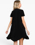 A woman wearing a black short-sleeve dress, shown from the back against a plain white studio background.
