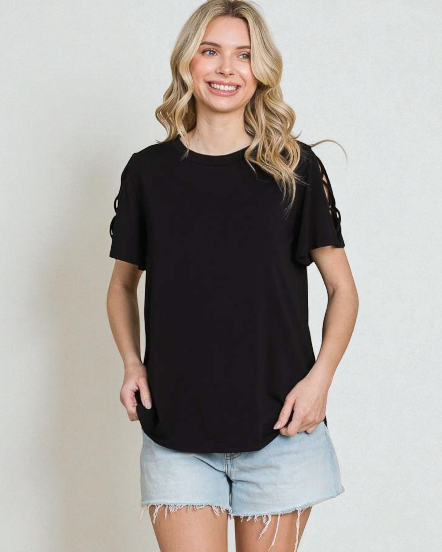 Black Lattice Cutout Sleeve Top
