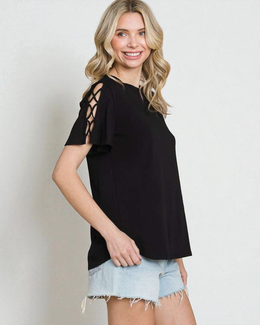 Black Lattice Cutout Sleeve Top