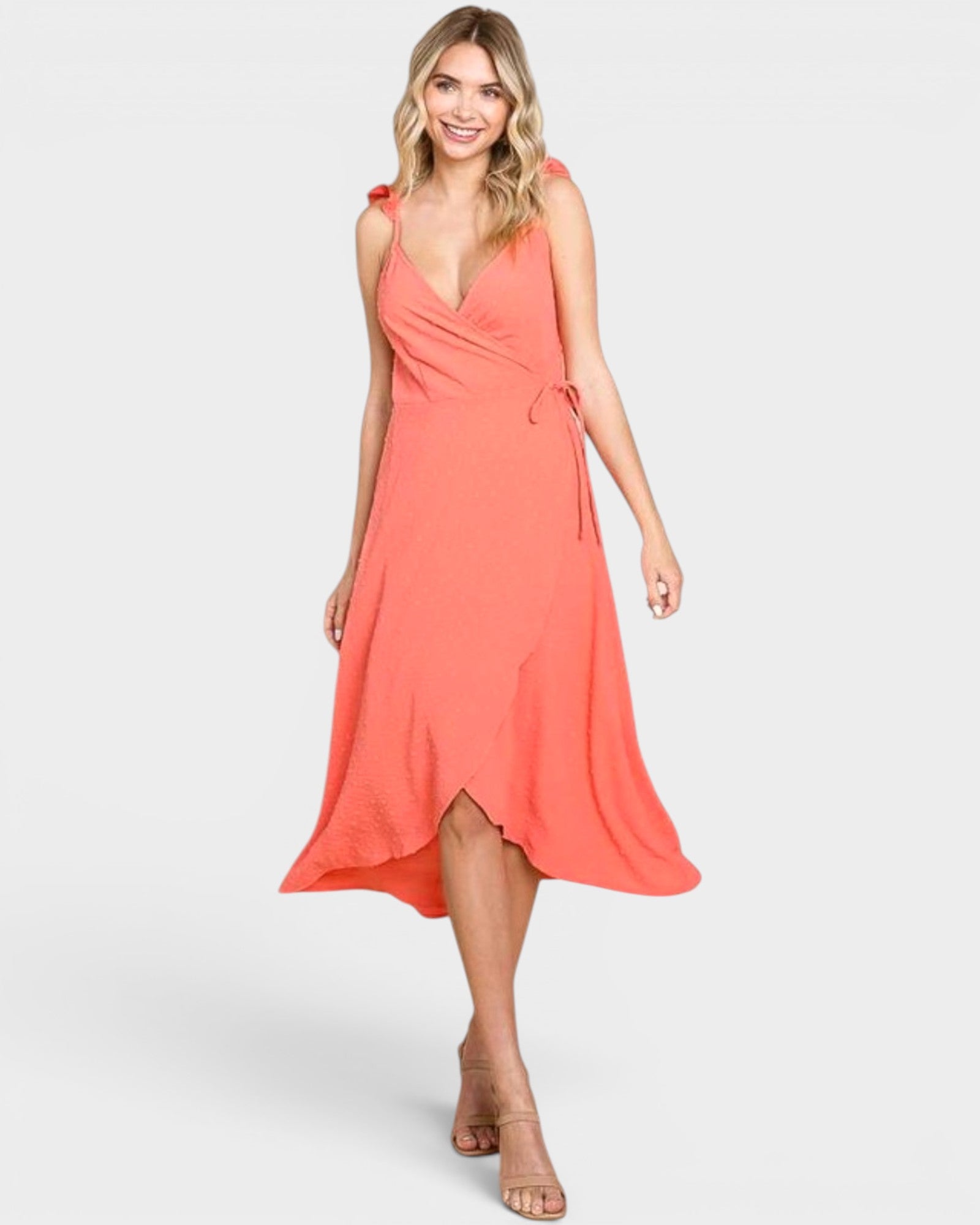 Sugar Coral Ruffle Strap Wrap Midi Dress