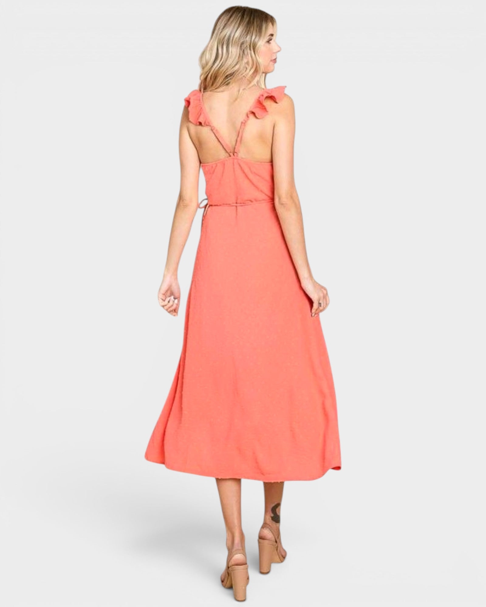 Sugar Coral Ruffle Strap Wrap Midi Dress