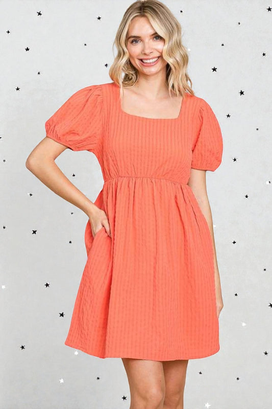 Coral Textured Puff Sleeve Mini Dress