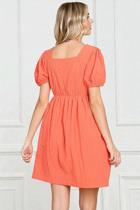 Coral Textured Puff Sleeve Mini Dress