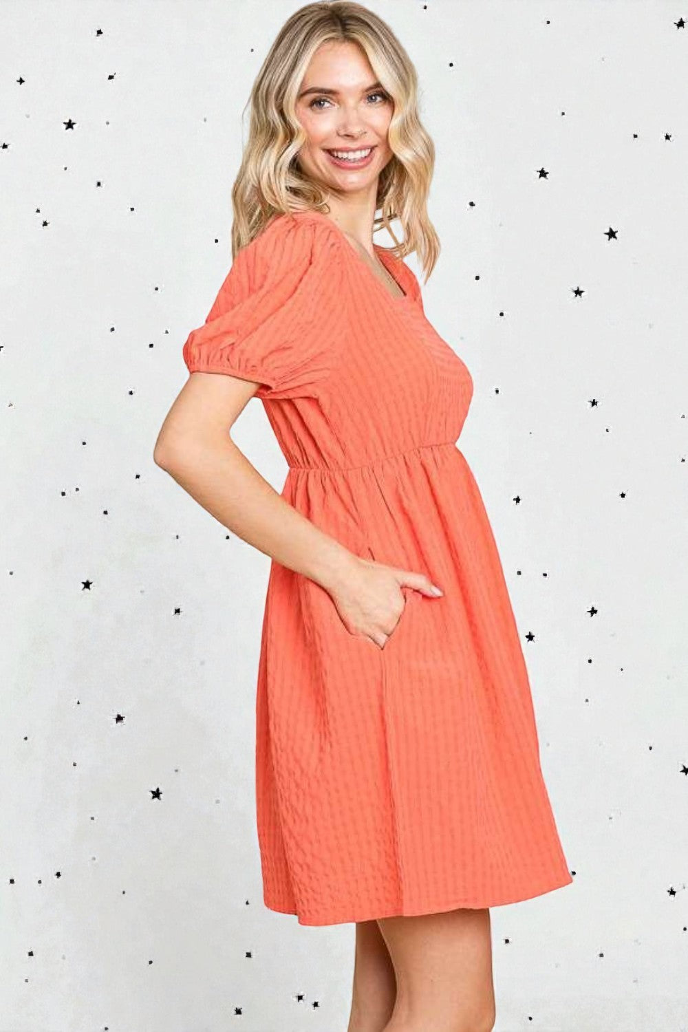 Coral Textured Puff Sleeve Mini Dress