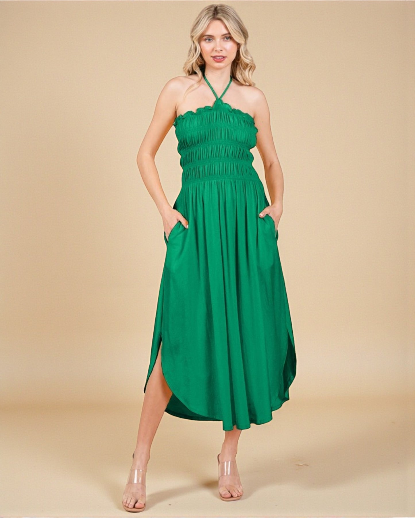 Green Smocked Halter Midi Dress