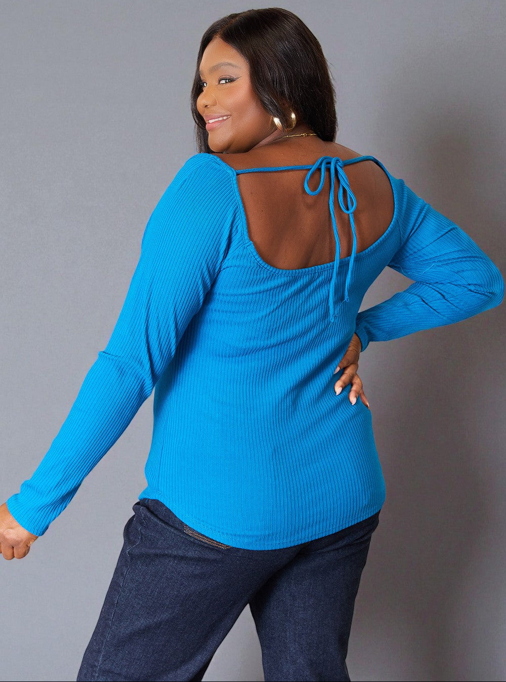 Haut en tricot côtelé à col en cœur bleu sarcelle