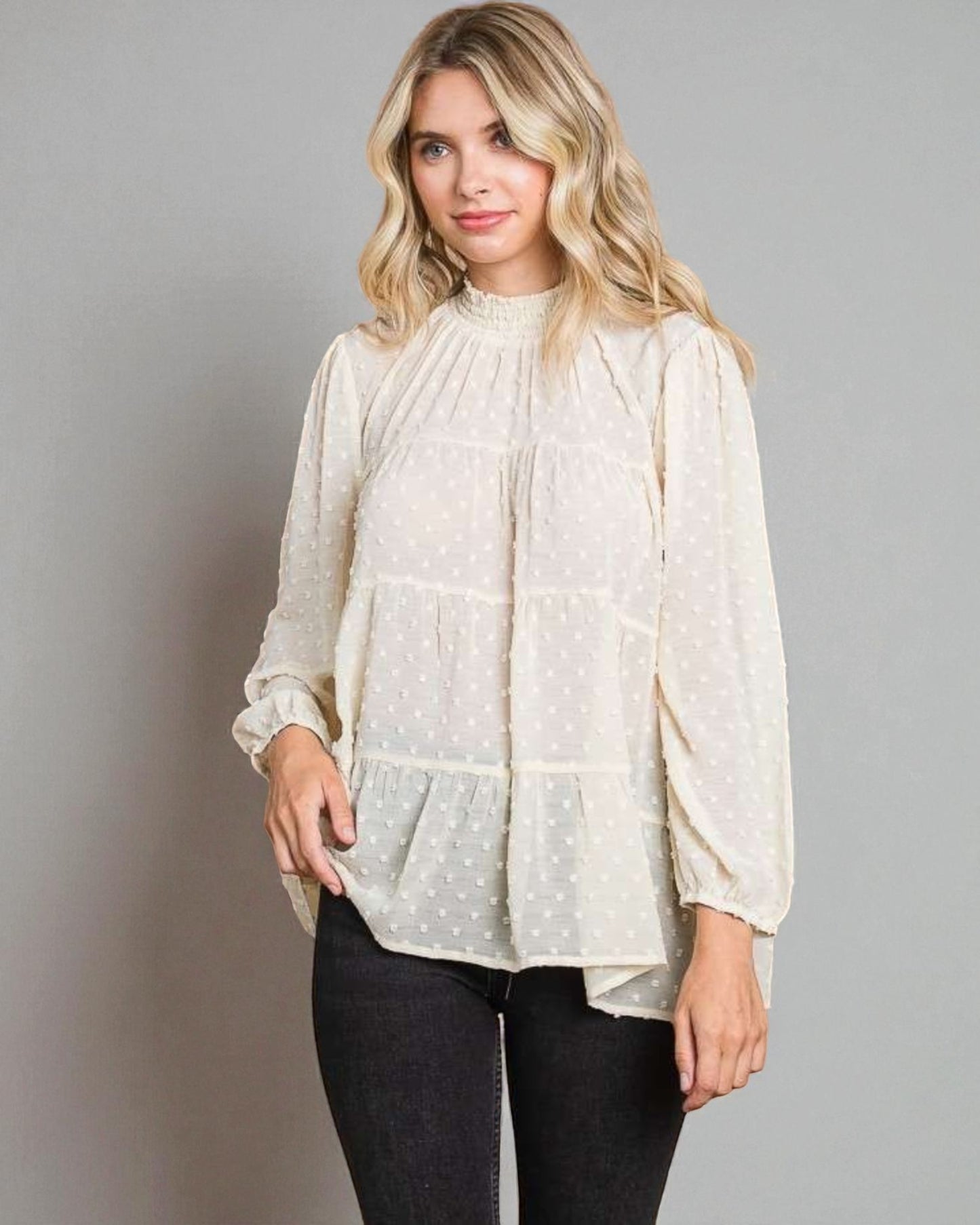 Ivory Swiss Dot Smocked Blouse