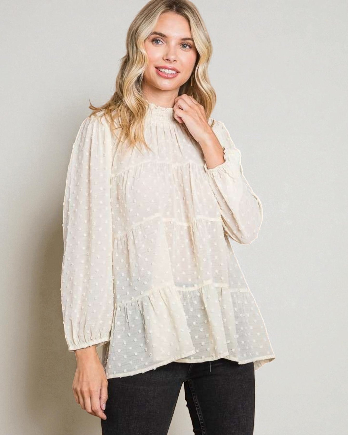 Ivory Swiss Dot Smocked Blouse