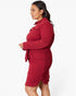 A woman wearing a long-sleeve red shirt dress, shown from a side profile against a plain white studio background.