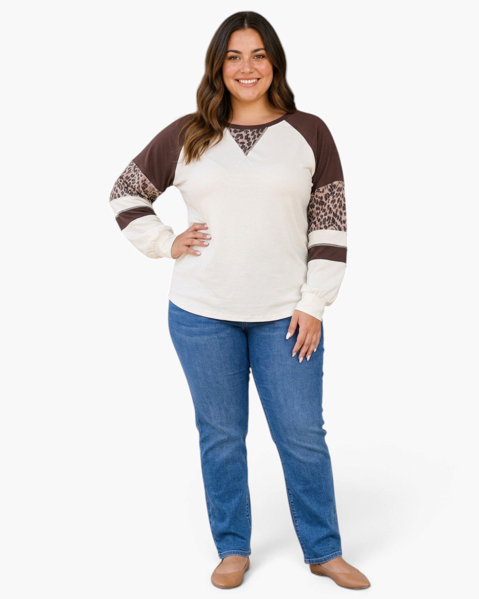 Plus Size Ivory & Brown Leopard Color Block Top