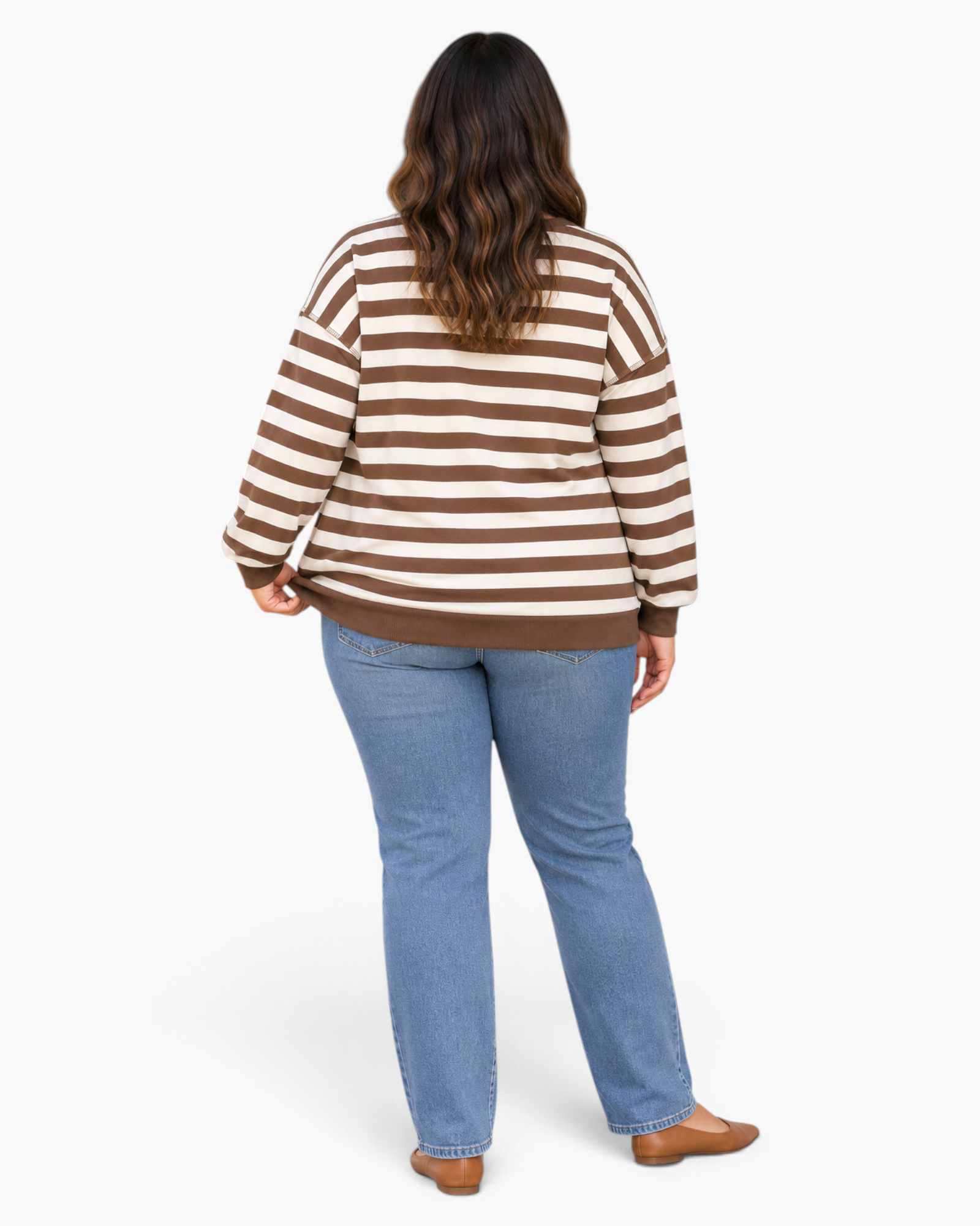 Beach Rose Co. plus size brown and white striped sweatshirt with dropped shoulders, worn with jeans, back view