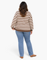 Beach Rose Co. plus size brown and white striped sweatshirt with dropped shoulders, worn with jeans, back view