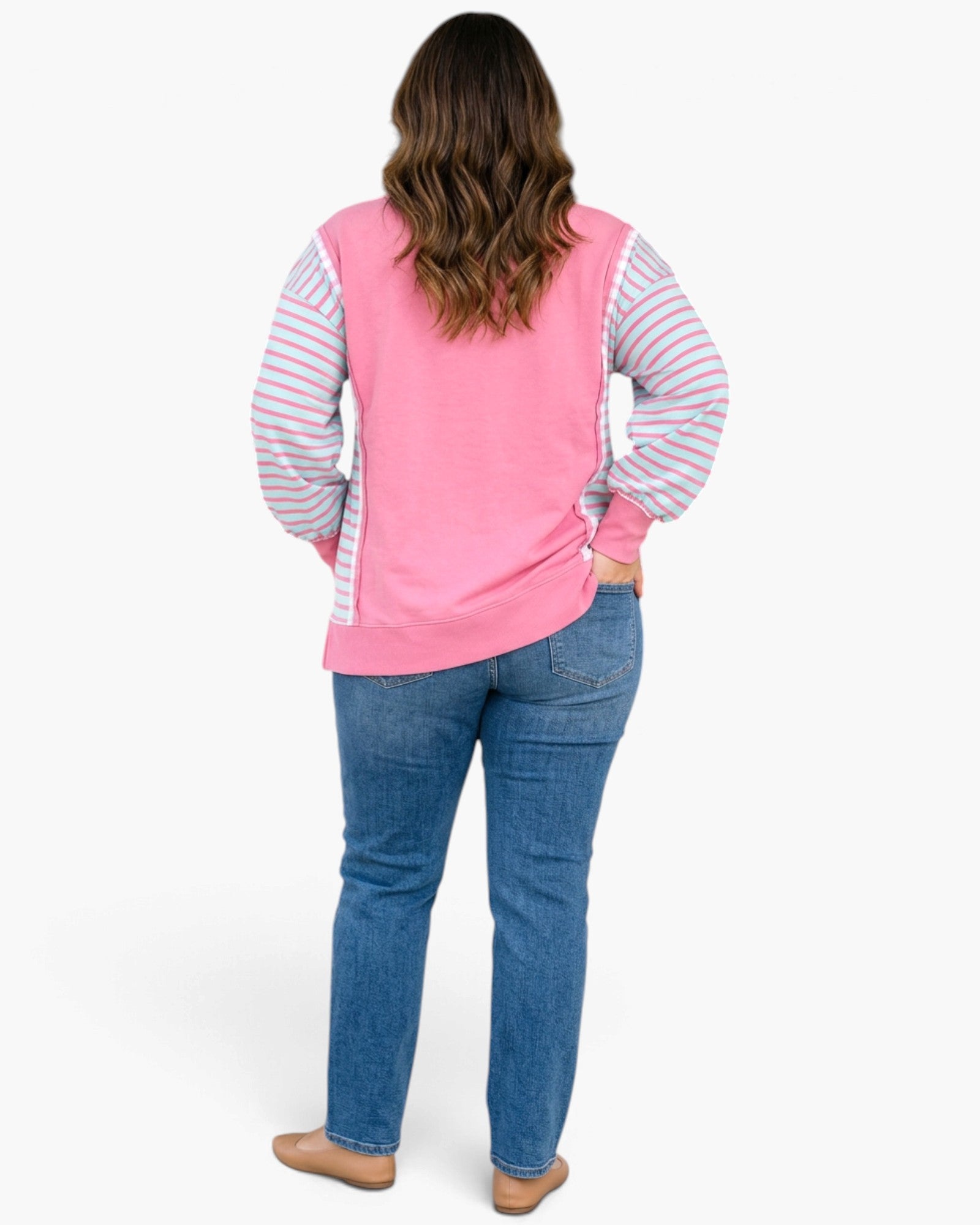Plus Size Pink & Aqua Striped Sleeve Sweatshirt