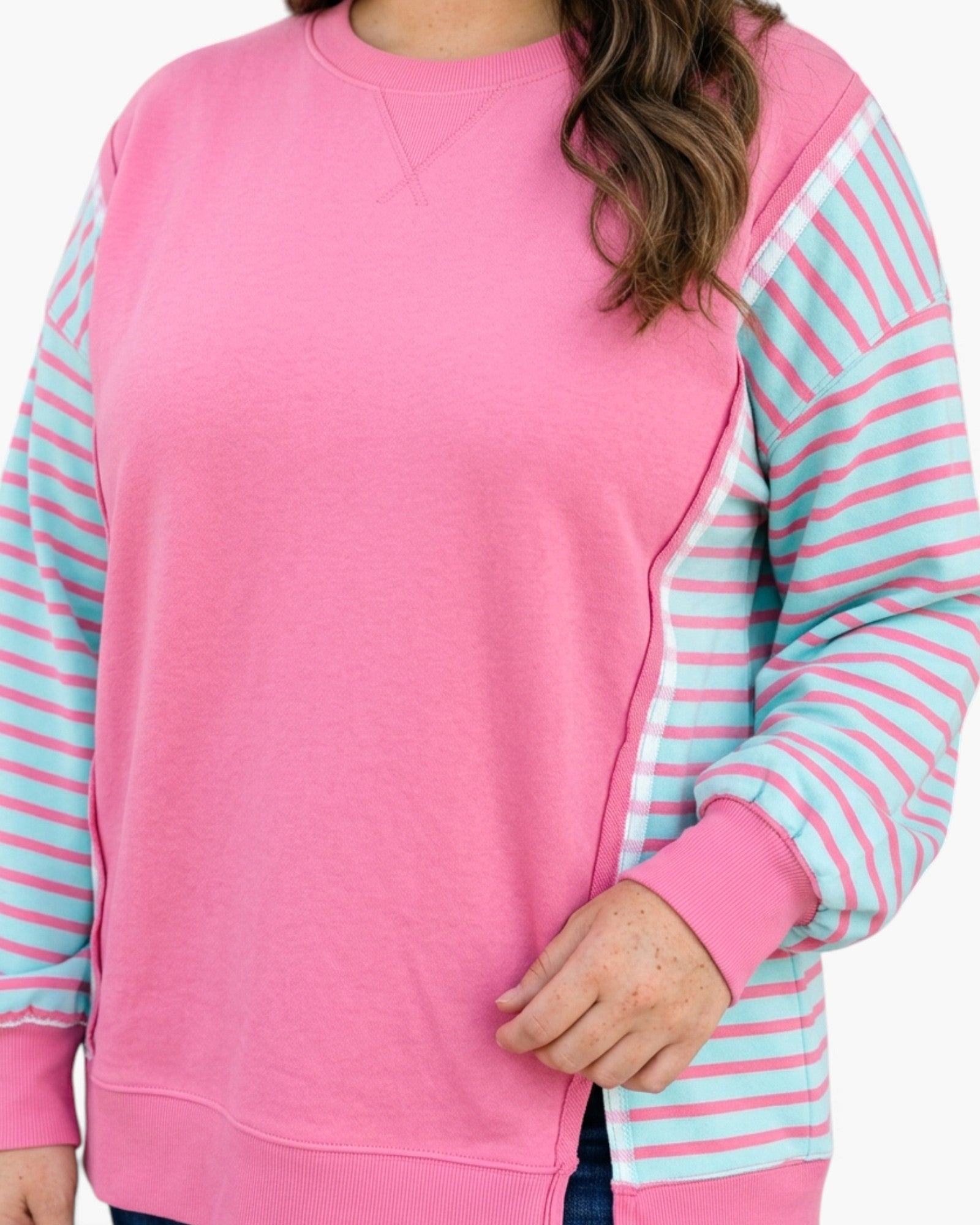 Plus Size Pink & Aqua Striped Sleeve Sweatshirt
