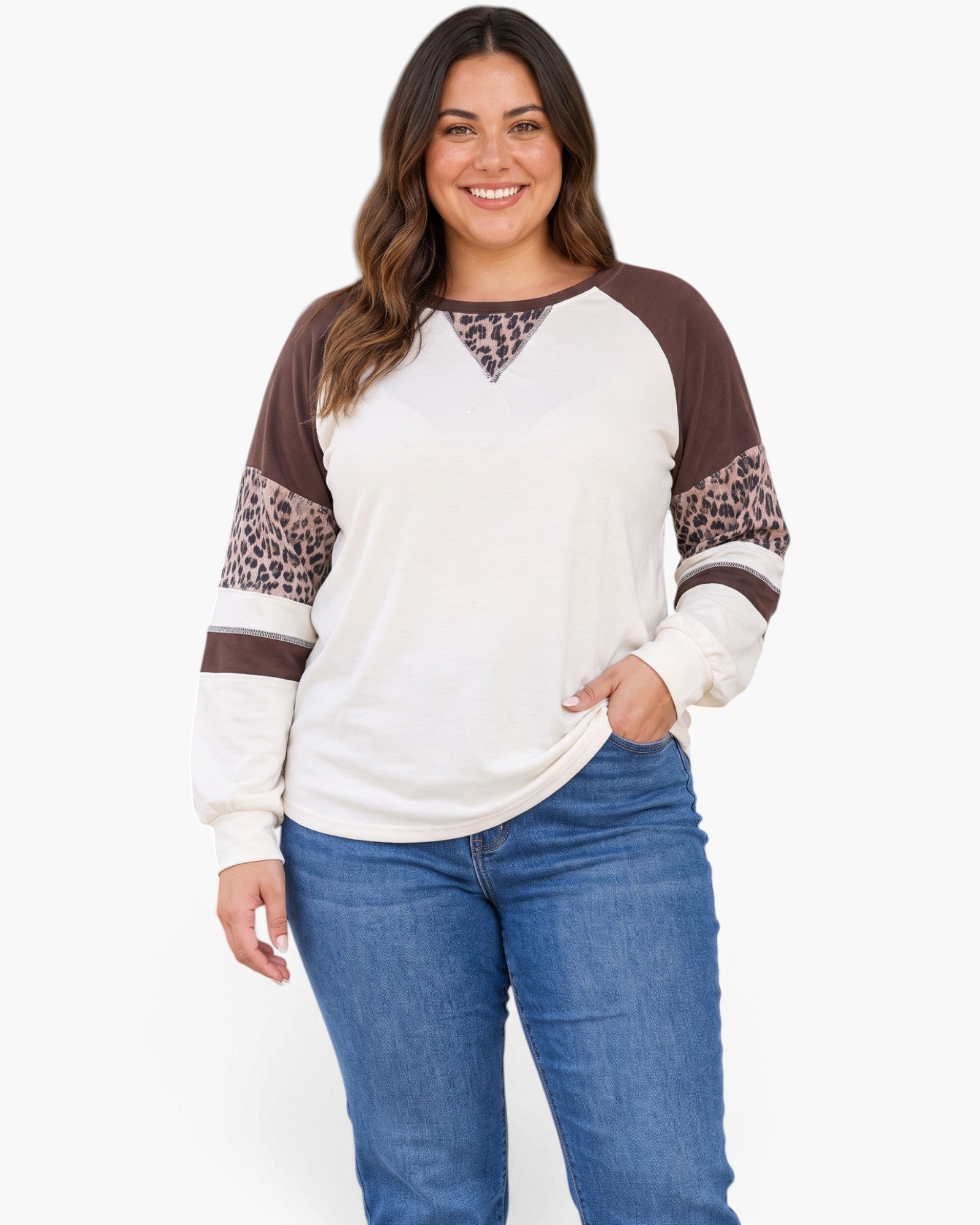 Plus Size Ivory & Brown Leopard Color Block Top