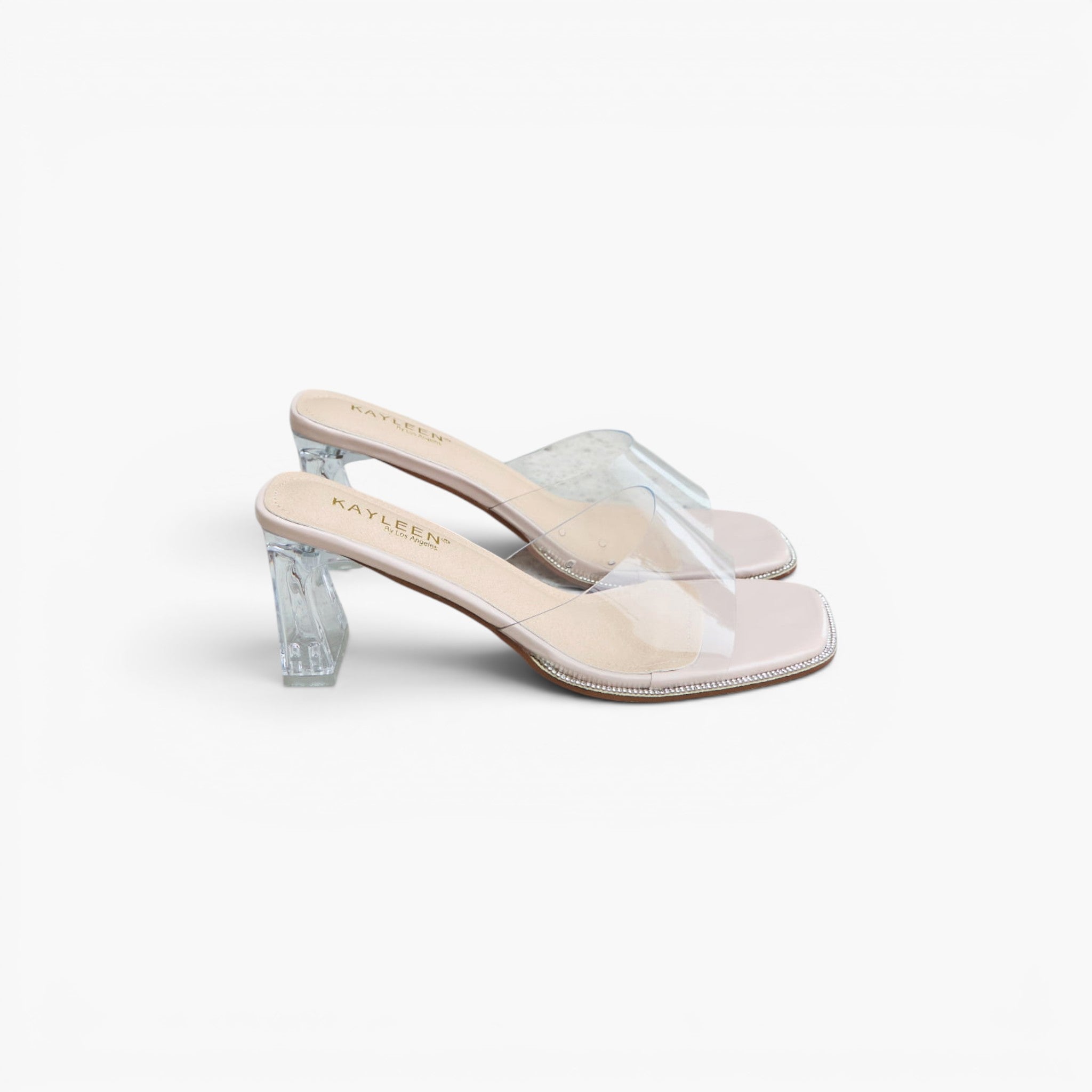 A pair of Kayleen clear strap mule sandals with transparent block heels, shown on a clean white background.