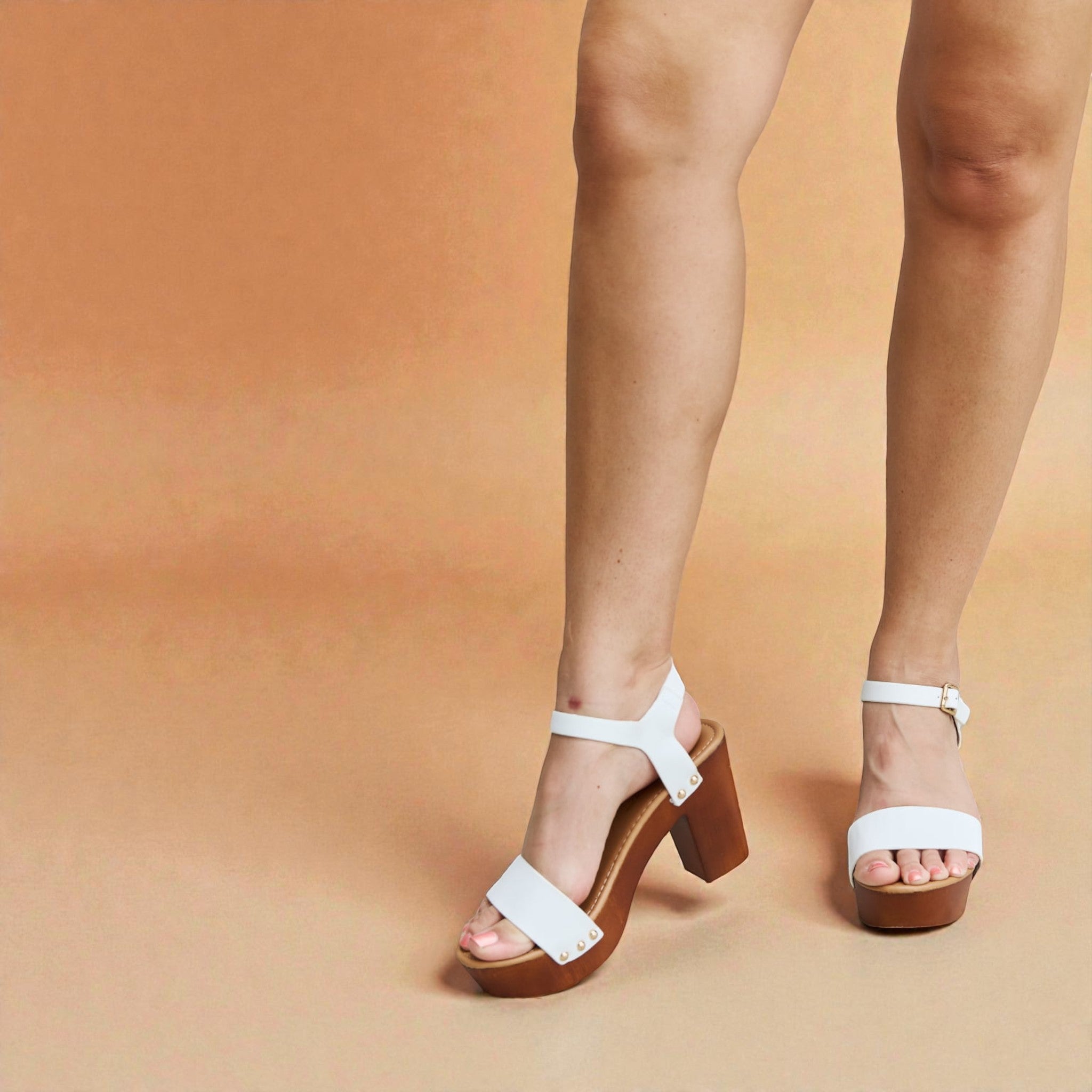 White Vegan Leather Platform Block Heel Sandals