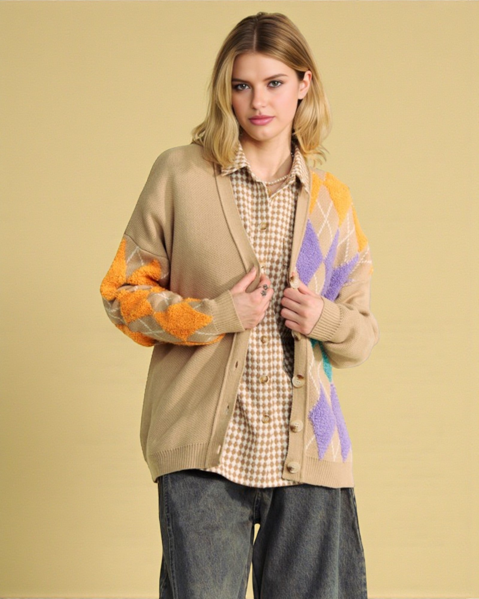 Woman wearing a beige cardigan with colorful pattern on a beige background