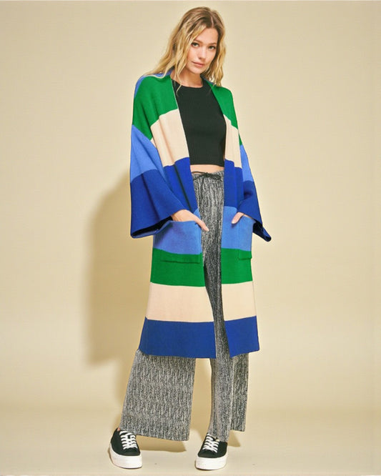 Blue Color Block Kimono Sleeve Longline Cardigan