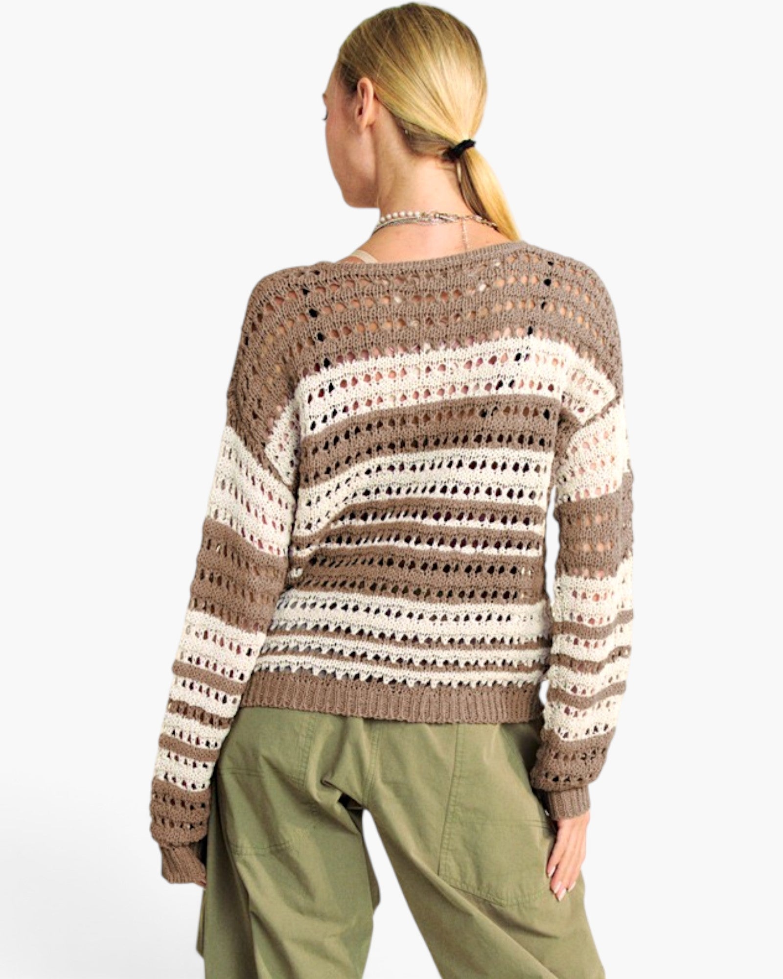 A woman shown from the back wearing a chunky knit sweater with horizontal stripes in brown, beige, and off-white, paired with olive green pants against a plain white background.
