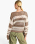 A woman shown from the back wearing a chunky knit sweater with horizontal stripes in brown, beige, and off-white, paired with olive green pants against a plain white background.