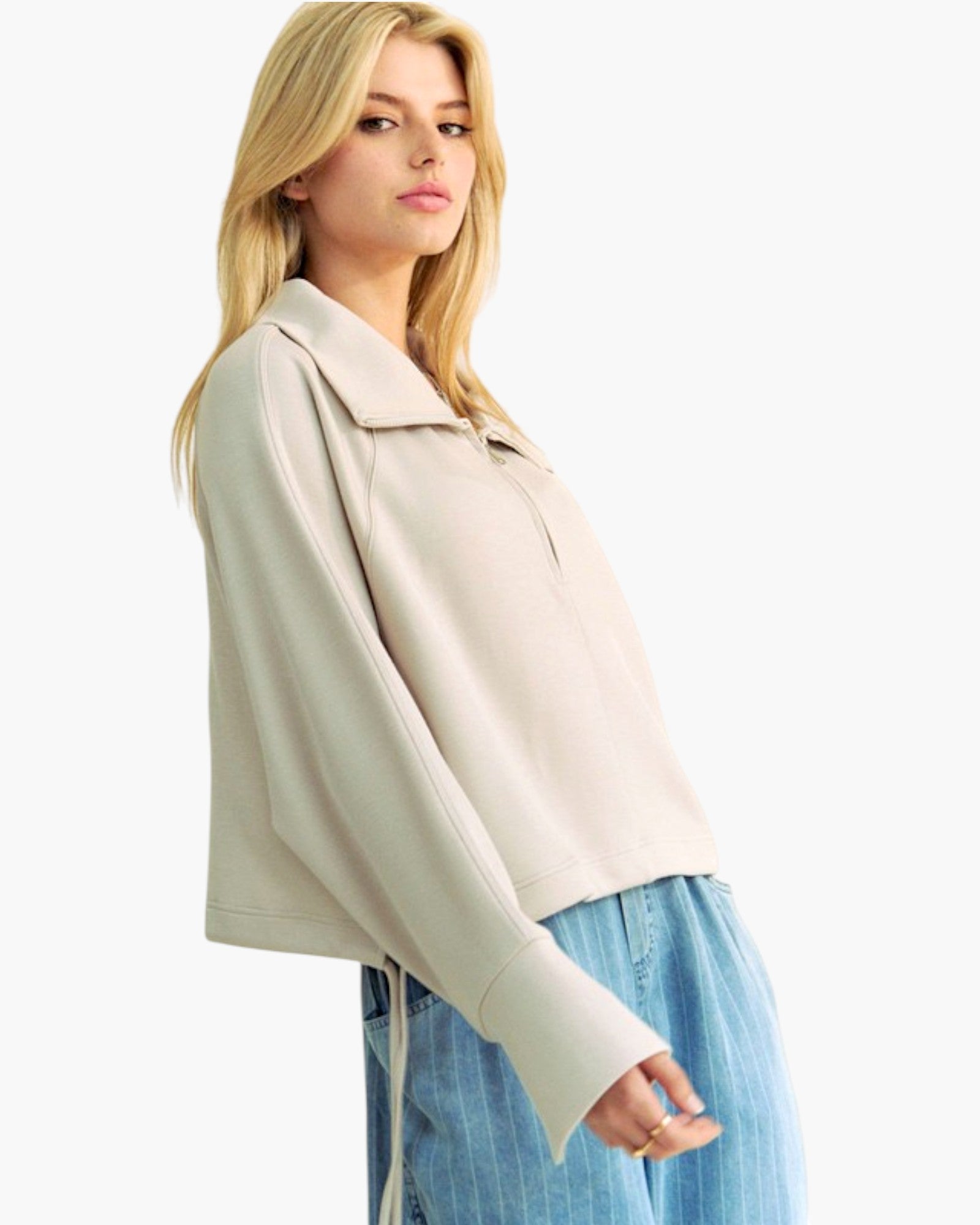 Warm Gray Quarter-Zip Drawstring Pullover
